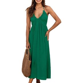CUPSHE Women Halter V-Neck Beach Long Dress Summer Relaxed Fit Ruching Dresses