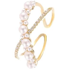 Dainty Pearl Cross Ring for Women Girls 14K Gold Plated CZ Crystal Criss Wrap Finger Band Open Statement Rings Engagement Promise Stacking Rings Bands Adjustable Jewelry Gifts