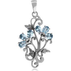 Silvershake Genuine Gemstone 925 Sterling Silver Victorian Style Flower Bouquet and Leaf Pendant