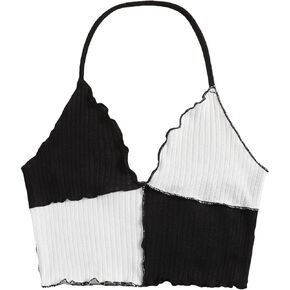 Verdusa Women's Colorblock Frill Trim Halter V Neck Sleeveless Crop Cami Top
