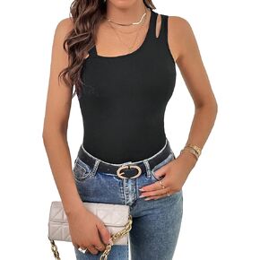 Floerns Women's Solid Cut Out One Shoulder Sleeveless Rib Knit Tank Top