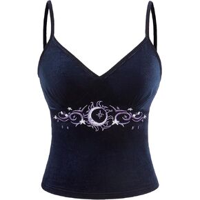 SOLY HUX Women's Y2k Cami Crop Top V Neck Spaghetti Strap Sun Moon Embroidery Tops