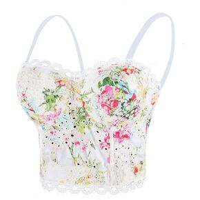 ELLACCI Women's Embroidery Floral Hollow Lace Bustier Crop Top Sexy Corset Bra Tops White