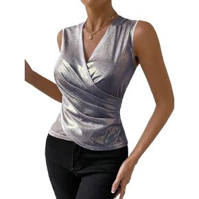 OYOANGLE Women's Semi Sheer Surplice Neck Sleeveless Tank Top Slim Fit Wrap Vest Tops