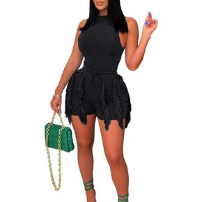VGGHEM Women 2 Piece Outfits Fringe Tassel Short Pants Set Sleeveless Top Sweatsuit High Waisted Clubwears