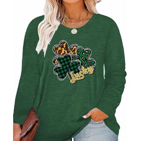 Plus Size St Patricks Day Irish Festival Clover Lucky Graphics Print Shirt Women Long Sleeve Tops