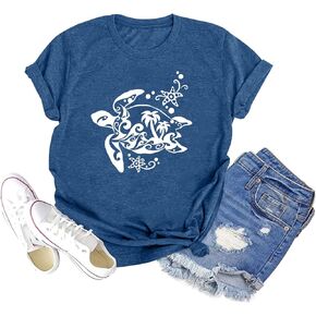 Graphic Tees for Women Vintage Sea Turtle T Shirts Hawaiian Beach Tshirts