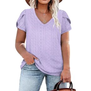 ROSRISS Womens Plus-Size Tops Summer V Neck Eyelet Petal Short Sleeve Shirts