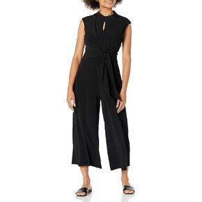 London Times Women's Mock Neck Keyhole Side Tie Cropped Jumpsuit, Black