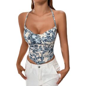 SHENHE Women's Tie Halter Neck Backless Draped Asymmetrical Floral Boho Cute Crop Top