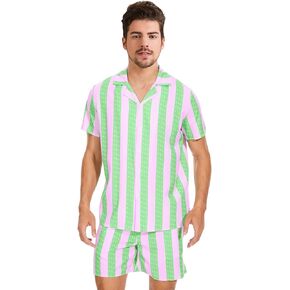 KDFJIEelf Men Costume Adult, Cosplay Casual Beach Matching Set, Men Vacation Striped Shirt and Short, for Halloween Party