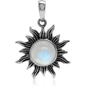 Silvershake 8mm Cabochon Gemstone 925 Sterling Silver Sun Ray Inspired Solitaire Pendant