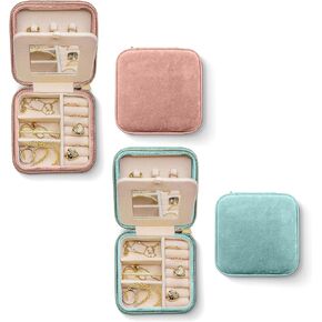 Benevolence LA Dusty Pink and Cyan Plush Velvet Travel Jewelry Organizer Box | Travel Jewelry Case | Valentine's Day Gifts For Her | Jewelry Travel Organizer with Mirror