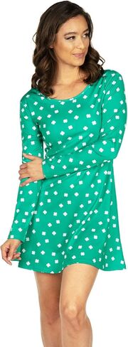 Tipsy Elves St. Patricks Day Dresses for Women - St Paddys Clover and Charms Allover Print Long Sleeve Dresses in Saudi Arabia