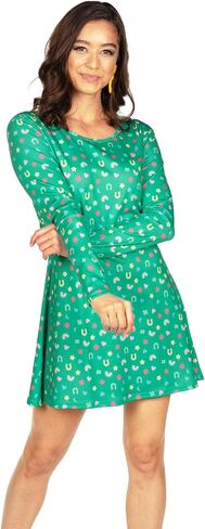 Tipsy Elves St. Patricks Day Dresses for Women - St Paddys Clover and Charms Allover Print Long Sleeve Dresses in Saudi Arabia
