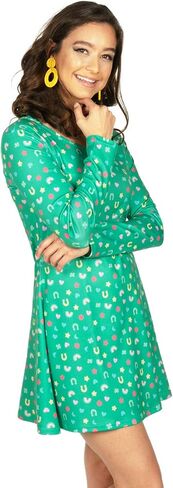 Tipsy Elves St. Patricks Day Dresses for Women - St Paddys Clover and Charms Allover Print Long Sleeve Dresses in Saudi Arabia
