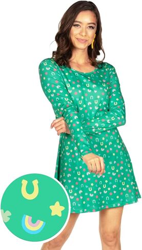 Tipsy Elves St. Patricks Day Dresses for Women - St Paddys Clover and Charms Allover Print Long Sleeve Dresses in Saudi Arabia
