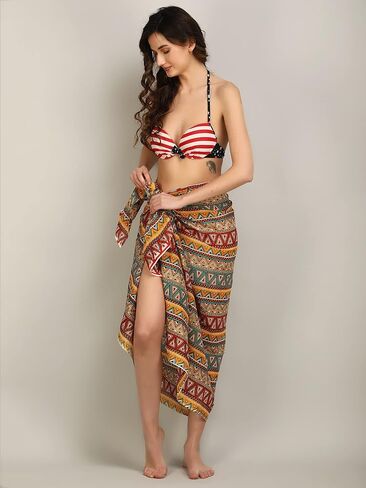 Women's Long Sarong Beach Wrap Cover Up Pure Cotton Printed Swimsuit Bikini Pareo Swimwear Dress - Free Size in Saudi Arabia