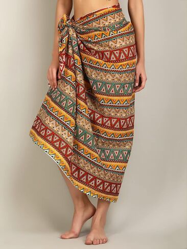 Women's Long Sarong Beach Wrap Cover Up Pure Cotton Printed Swimsuit Bikini Pareo Swimwear Dress - Free Size in Saudi Arabia