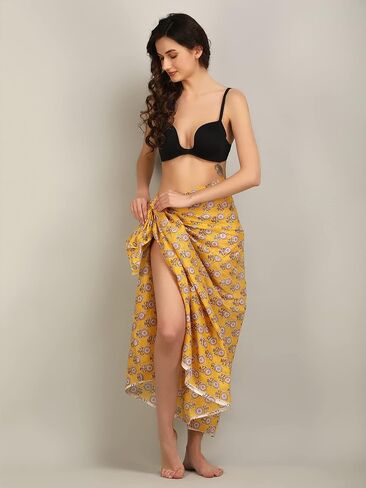 Women's Long Sarong Beach Wrap Cover Up Pure Cotton Printed Swimsuit Bikini Pareo Swimwear Dress - Free Size in Saudi Arabia