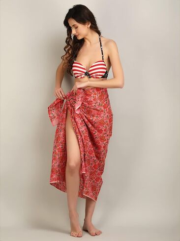 Women's Long Sarong Beach Wrap Cover Up Pure Cotton Printed Swimsuit Bikini Pareo Swimwear Dress - Free Size in Saudi Arabia