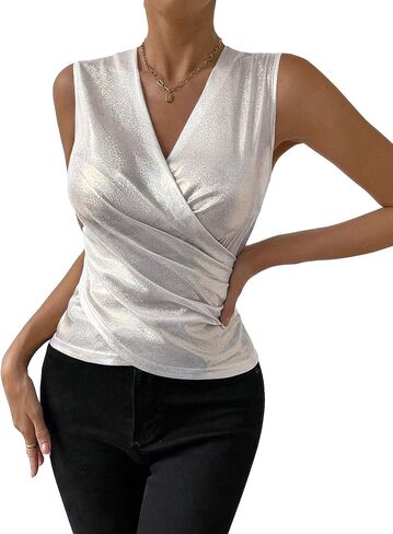 OYOANGLE Women's Semi Sheer Surplice Neck Sleeveless Tank Top Slim Fit Wrap Vest Tops in Saudi Arabia