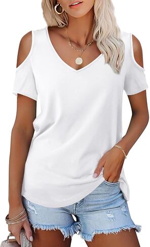 Women's Cold Shoulder T Shirts V Neck Short Sleeve Tunics Casual Loose Fit Summer Tops 2024 Trendy Blouse in Saudi Arabia
