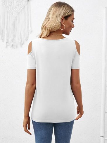 Women's Cold Shoulder T Shirts V Neck Short Sleeve Tunics Casual Loose Fit Summer Tops 2024 Trendy Blouse in Saudi Arabia