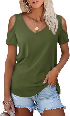 Women's Cold Shoulder T Shirts V Neck Short Sleeve Tunics Casual Loose Fit Summer Tops 2024 Trendy Blouse in Saudi Arabia