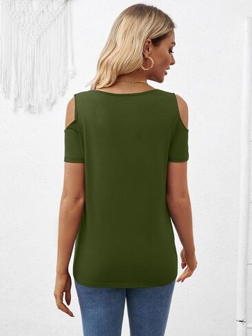 Women's Cold Shoulder T Shirts V Neck Short Sleeve Tunics Casual Loose Fit Summer Tops 2024 Trendy Blouse in Saudi Arabia