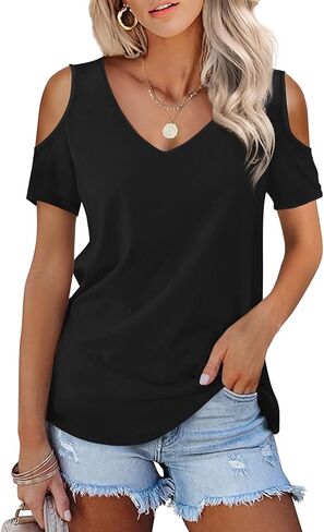Women's Cold Shoulder T Shirts V Neck Short Sleeve Tunics Casual Loose Fit Summer Tops 2024 Trendy Blouse in Kuwait