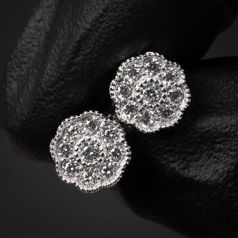 Small Unisex Brilliant Cut 925 Sterling Silver White Gold Plated Round Flower Cluster Halo Hypoallergenic Cz Men's Women's Hip Hop Circle Screw Back Stud Earrings. in Saudi Arabia