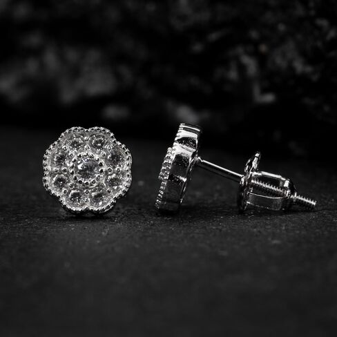 Small Unisex Brilliant Cut 925 Sterling Silver White Gold Plated Round Flower Cluster Halo Hypoallergenic Cz Men's Women's Hip Hop Circle Screw Back Stud Earrings. in Saudi Arabia