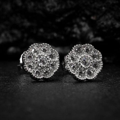 Small Unisex Brilliant Cut 925 Sterling Silver White Gold Plated Round Flower Cluster Halo Hypoallergenic Cz Men's Women's Hip Hop Circle Screw Back Stud Earrings. in Saudi Arabia