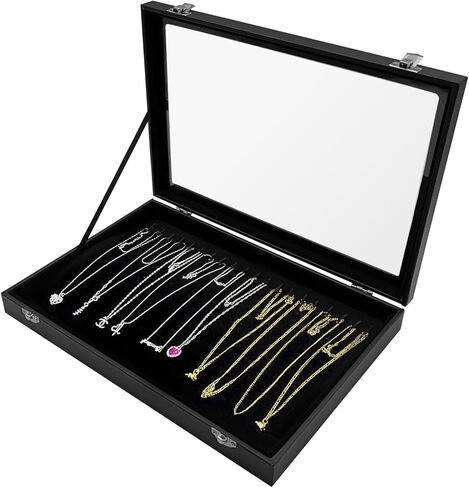LYFJXX Jewelry Trays, Necklace Tray Velvet Neckalce Organizer with Clear Lid, 20 Hooks Necklace Holder Box Jewelry Organizer for Show in Kuwait