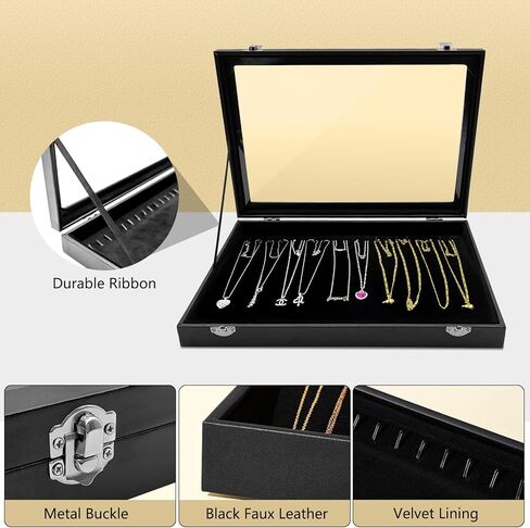 LYFJXX Jewelry Trays, Necklace Tray Velvet Neckalce Organizer with Clear Lid, 20 Hooks Necklace Holder Box Jewelry Organizer for Show in Kuwait