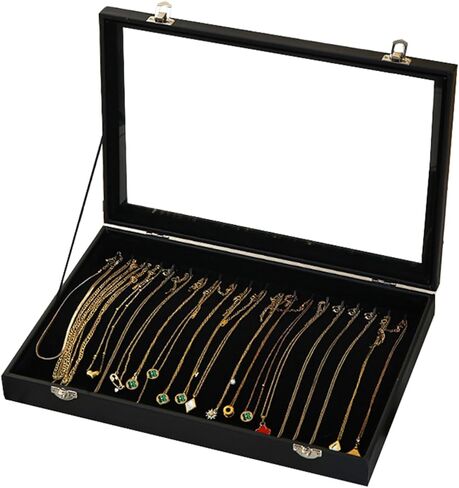LYFJXX Jewelry Trays, Necklace Tray Velvet Neckalce Organizer with Clear Lid, 20 Hooks Necklace Holder Box Jewelry Organizer for Show in Kuwait