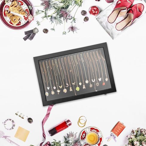 LYFJXX Jewelry Trays, Necklace Tray Velvet Neckalce Organizer with Clear Lid, 20 Hooks Necklace Holder Box Jewelry Organizer for Show in Kuwait