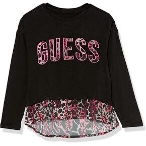 بلوزة GUESS للفتيات من نسيج محبوك قابل للتمدد مع شعار رقعة مطرزة مع طبقة سفلية من الشيفون مطبوع بالكامل in Kuwait
