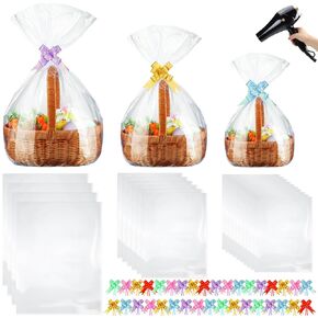 CHENGU 80 Pcs 3 Sizes Shrink Wrap Bags for Gift Baskets Easter Clear PVC Heat Shrink Bags Cellophane Basket Bags Shrink Wrap and 6 Color Pull Bows for Present Baskets Packaging