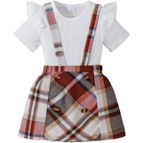 AMMENGBEI Toddler Little Girl Summer Outfits Ribbed Knit Ruffle Tops and Plaid Suspender Skirt Set Kids 2Pcs Clothes