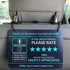 Compatible with Lyft Uber (2-Pack) Tips Rating Appreciated Rideshare Accessories – 7" x 5" – Interior Acrylic Headrest Sign - Rate Me Tip No Smoking for 5 Star Rides for Ride-share Drivers