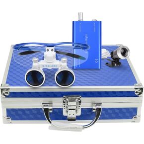 Surgical Binocular Loupes 3.5X420mm with LED Dental Head Light Medical Binocular Loupes Aluminum Box Blue
