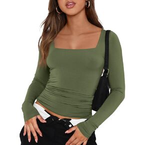 Trendy Queen Womens Long Sleeve Shirts 2024 Basic Crop Tops Fashion Slim Fitted Y2k Workout Clothes Square Neck Fall Outfits