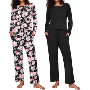 Ekouaer 2 Pack Women's Pajama Set Soft Long Sleeve Sleepwear Loungewear Pjs Sets with Pockets S-XXL
