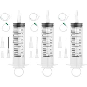 3 pack 100ml/cc plastic syringes with 6 plastic test tubes and Luer connectors for scientific laboratories, measurement, watering, refilling, filtering, and pet feeding, white