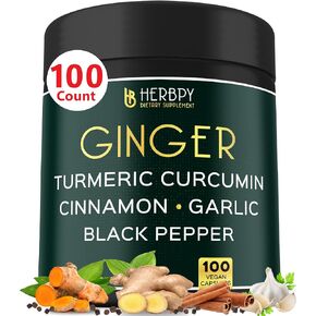 5in1 Ginger Supplement 7550mg with Ceylon Cinnamon, Turmeric Curcumin Root, Garlic Bulb & Black Pepper - Support Digestion, Immune & Heart Health - 100 Vegan Capsules