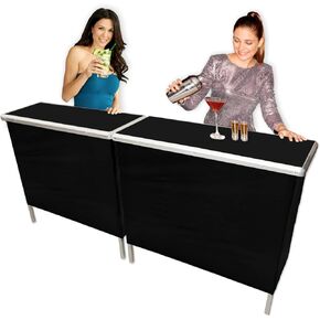 PARTYPONG BLACK Folding Portable Party Bar w/Black Skirt, Storage Shelf, and Carrying Bag - Double Set