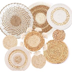 9 Pack Boho Wall Basket Set, hanging Woven Wall Basket Decor, Seagrass Rattan Wicker Boho Wall Decor, Eco-Friendly Round Wall Art for Farmhouse Bedroom Living Room Display Table Settings Kitchen Home