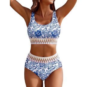 AI'MAGE Women's Bikini Sets High Waisted Two Piece Sporty Swimsuits High Cut Tummy Control Bathing Suits